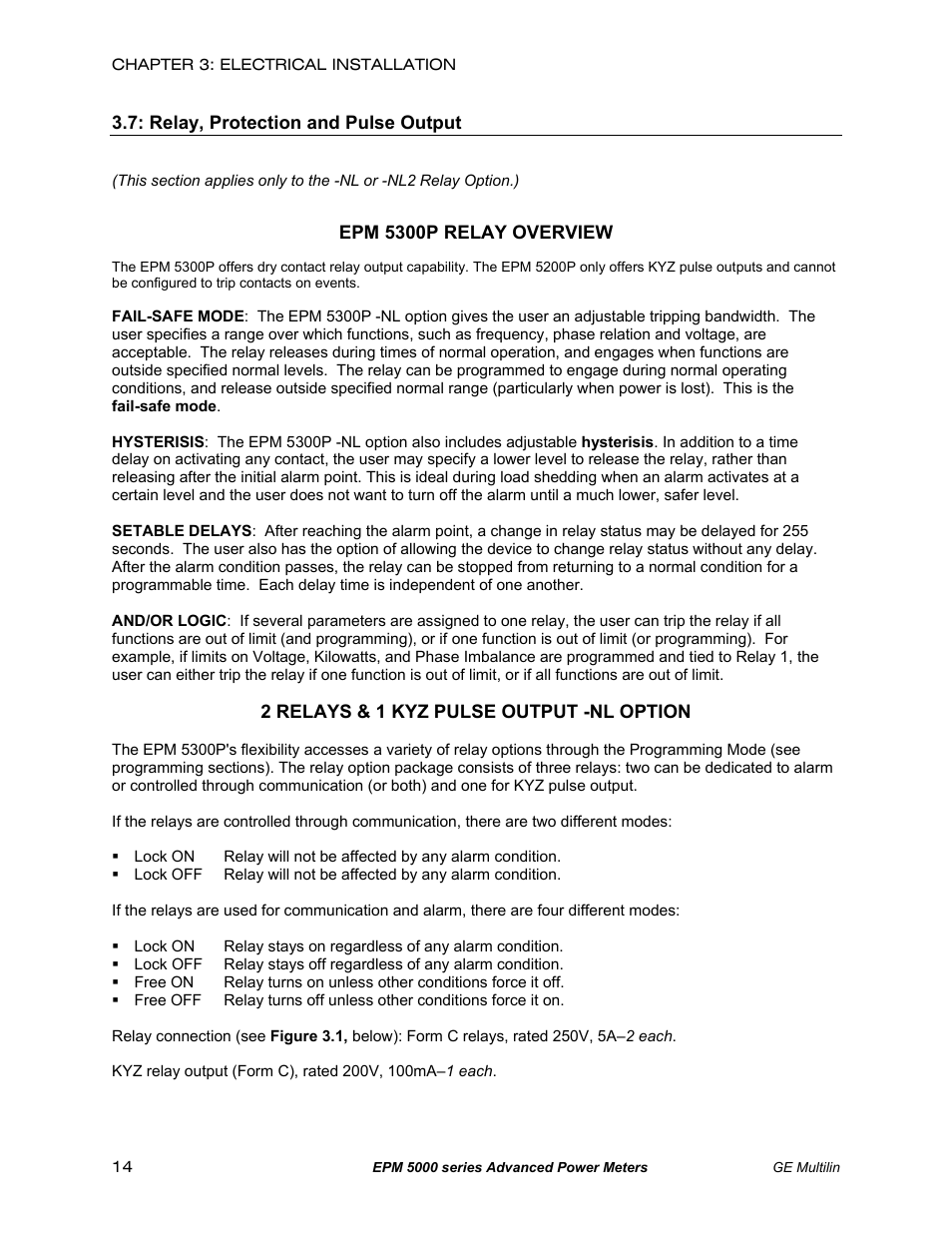 Relay, protection, and pulse output | GE EPM 5200 User Manual | Page 18 / 100