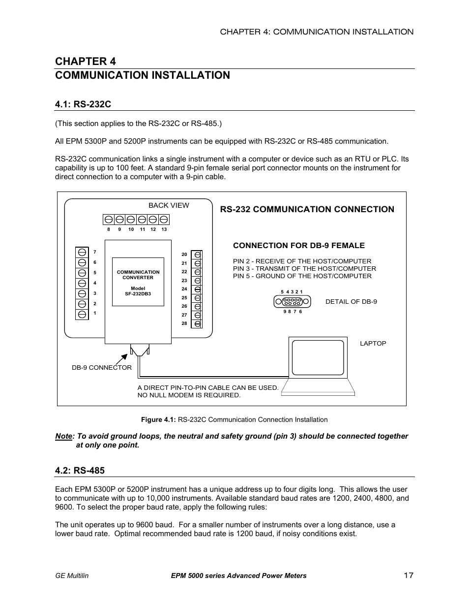 Communication installation, Rs232c, Rs485 | Chapter 4 communication installation, Rs-232c, Rs-485, Rs-232 communication connection | GE EPM 5200 User Manual | Page 21 / 100