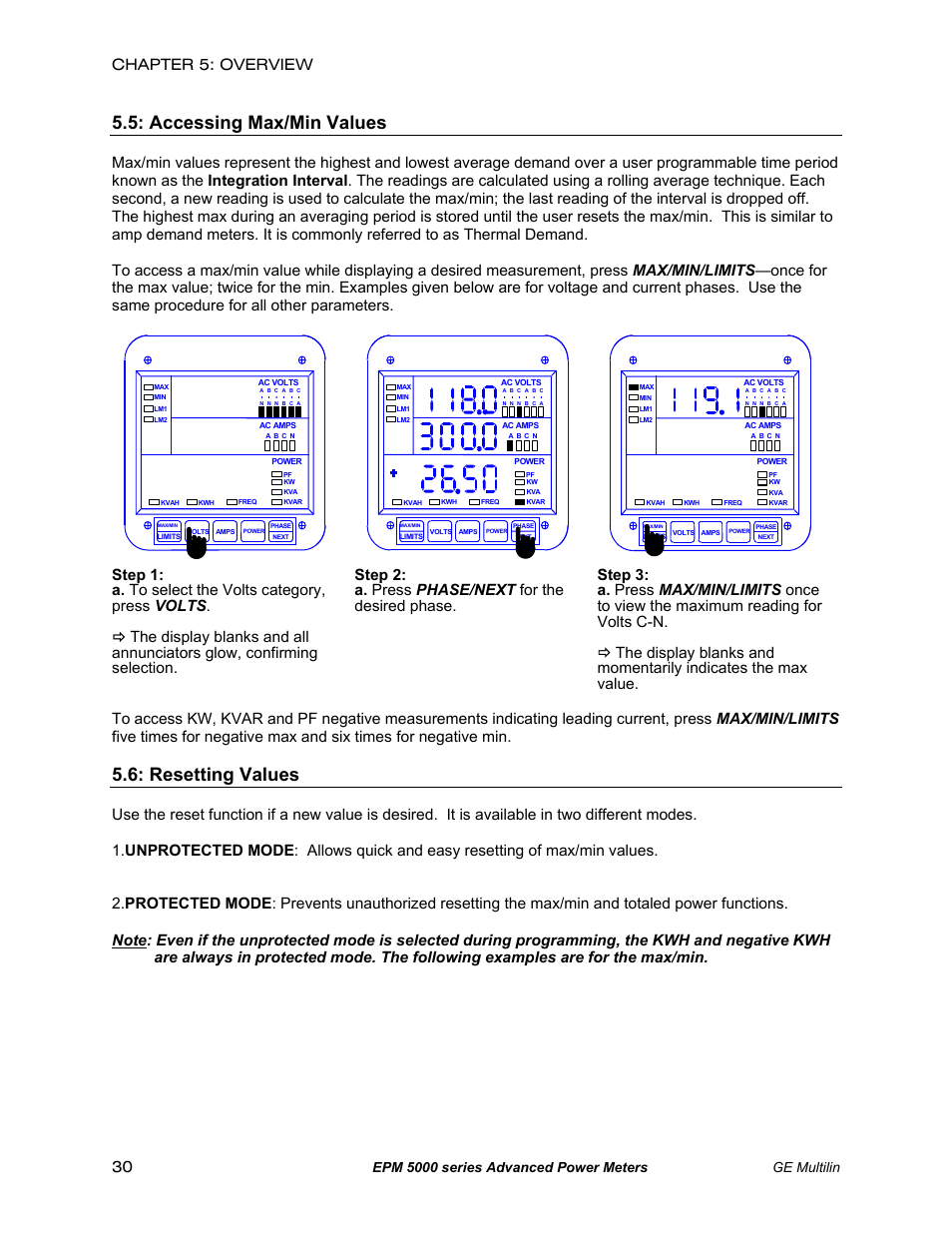 Accessing min/max values, Resetting values, Accessing max/min values | Chapter 5: overview 30, Epm 5000 series advanced power meters ge multilin | GE EPM 5200 User Manual | Page 34 / 100