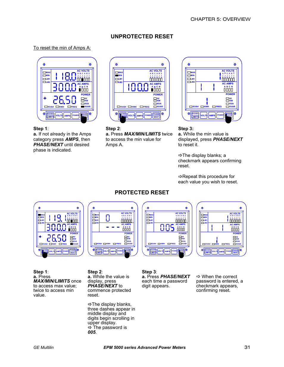 Unprotected reset, Protected reset, Chapter 5: overview | Ge multilin epm 5000 series advanced power meters | GE EPM 5200 User Manual | Page 35 / 100