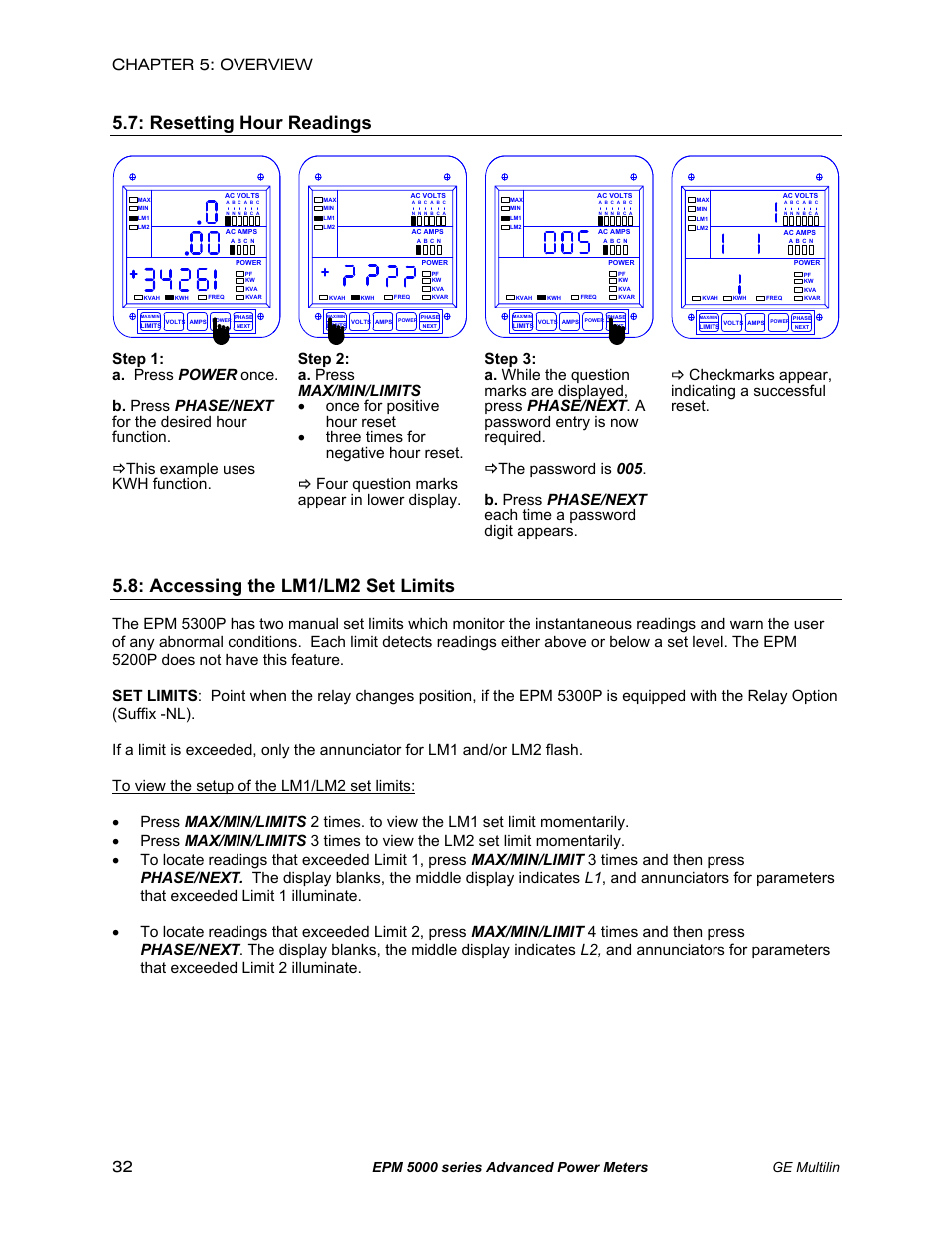 Accessing the lm1/lm2 set limits, Resetting hour readings, Chapter 5: overview 32 | Epm 5000 series advanced power meters ge multilin | GE EPM 5200 User Manual | Page 36 / 100