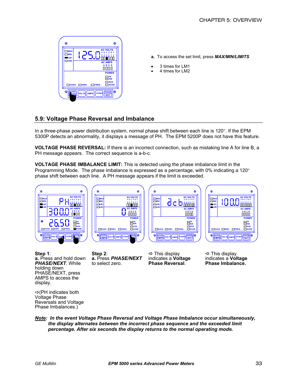 Voltage phase reversal and imbalance, Chapter 5: overview, Ge multilin epm 5000 series advanced power meters | GE EPM 5200 User Manual | Page 37 / 100