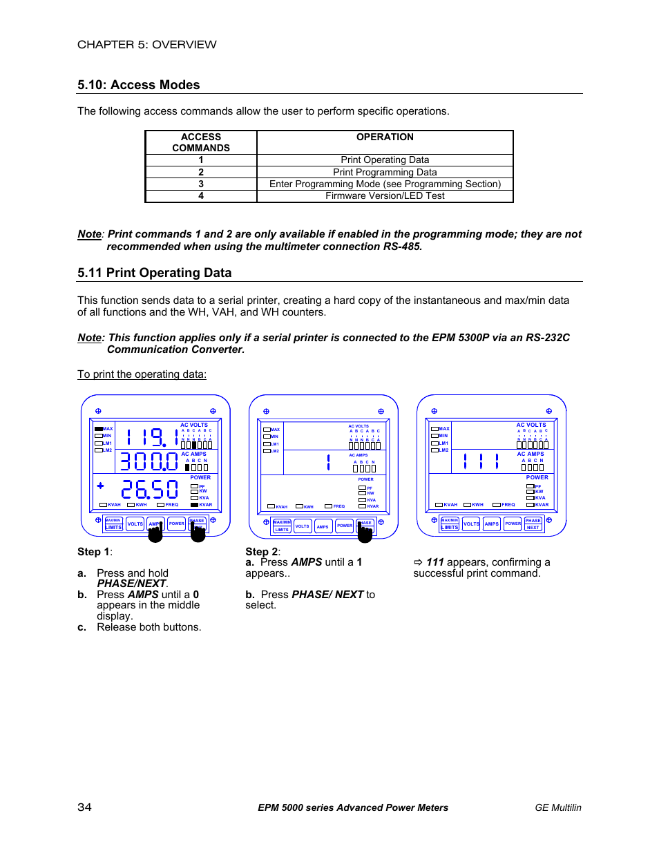 Access modes, Print operating data, 11 print operating data | Chapter 5: overview 34, Epm 5000 series advanced power meters ge multilin | GE EPM 5200 User Manual | Page 38 / 100