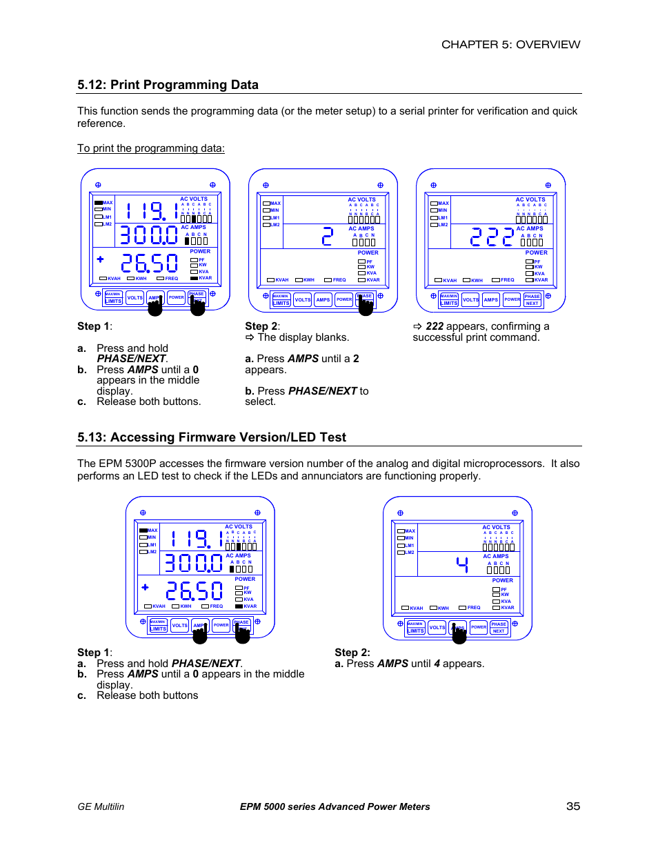 Print programming data, Accessing firmware version / led test, Accessing firmware version/led test | Chapter 5: overview, Ge multilin epm 5000 series advanced power meters | GE EPM 5200 User Manual | Page 39 / 100