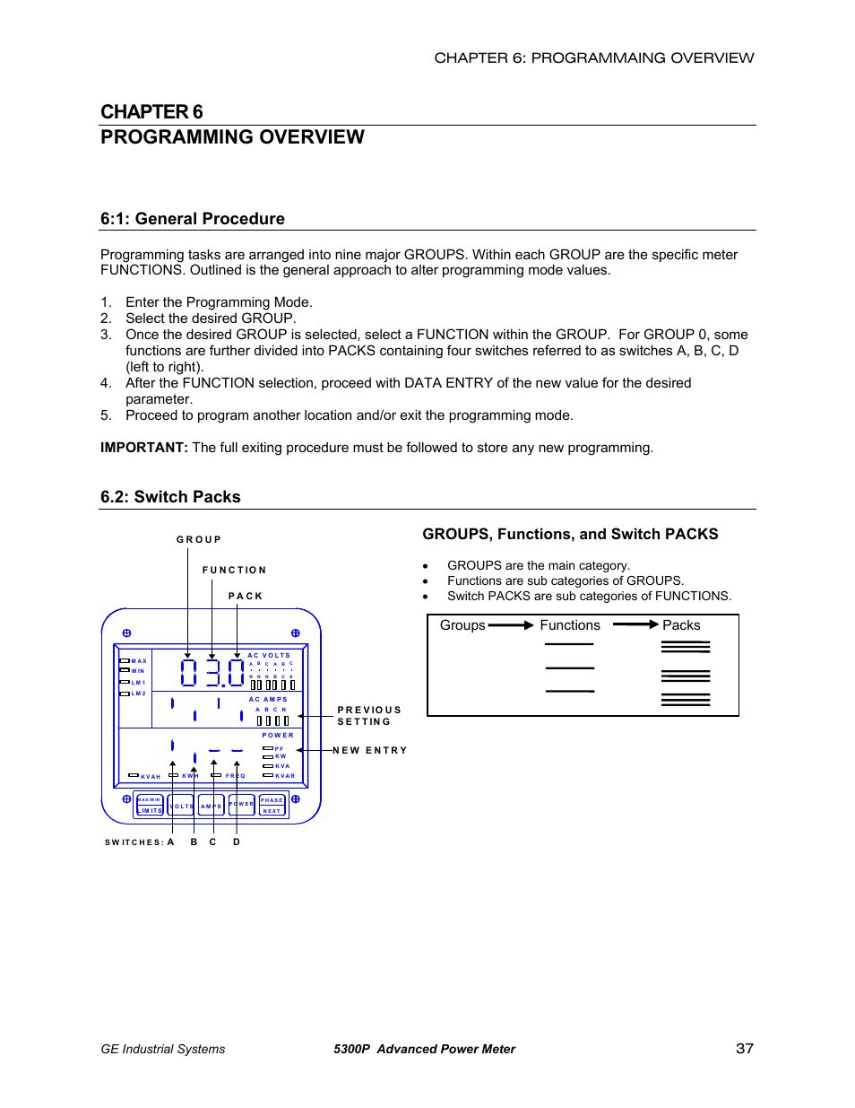 Programming overview, General procedure, Switch packs | Chapter 6 programming overview, 1: general procedure, Groups, functions, and switch packs, Chapter 6: programmaing overview, Groups functions packs, Ge industrial systems 5300p advanced power meter | GE EPM 5200 User Manual | Page 41 / 100