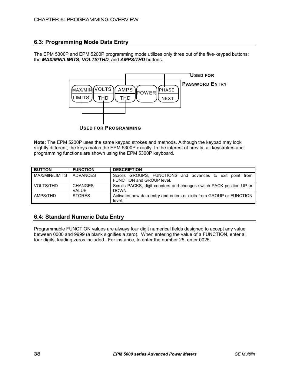 Programming mode data entry, Standard numeric data entry | GE EPM 5200 User Manual | Page 42 / 100