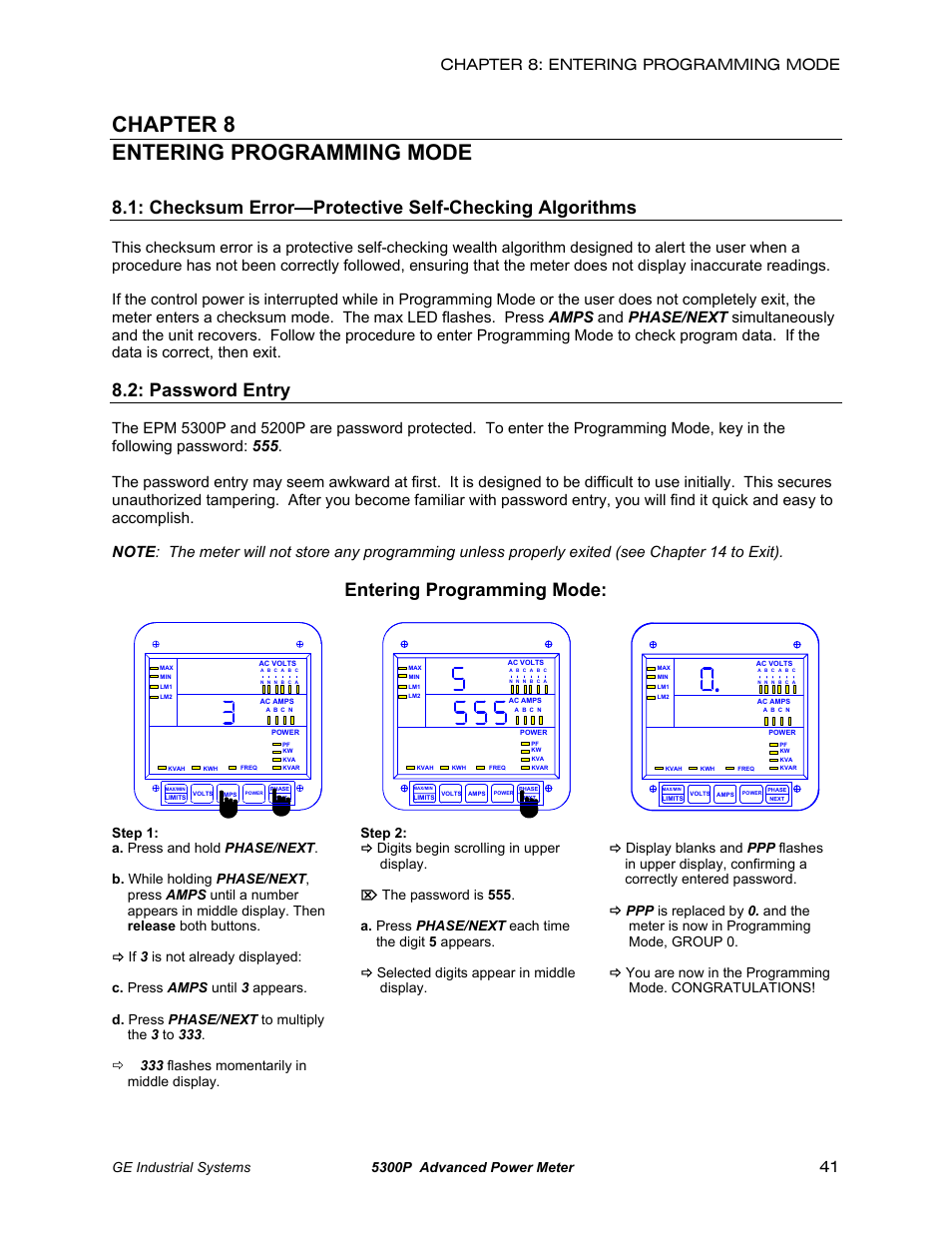 Entering programming mode, Checksum error, Password entry | Chapter 8 entering programming mode, Checksum error—protective self-checking algorithms, Chapter 8: entering programming mode, Ge industrial systems 5300p advanced power meter | GE EPM 5200 User Manual | Page 45 / 100