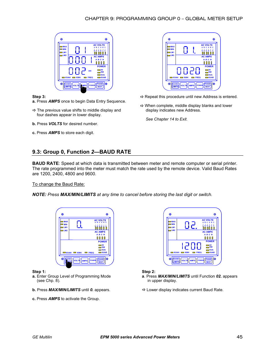 Function 2: baud rate, Group 0, function 2 —baud rate, Ge multilin epm 5000 series advanced power meters | GE EPM 5200 User Manual | Page 49 / 100