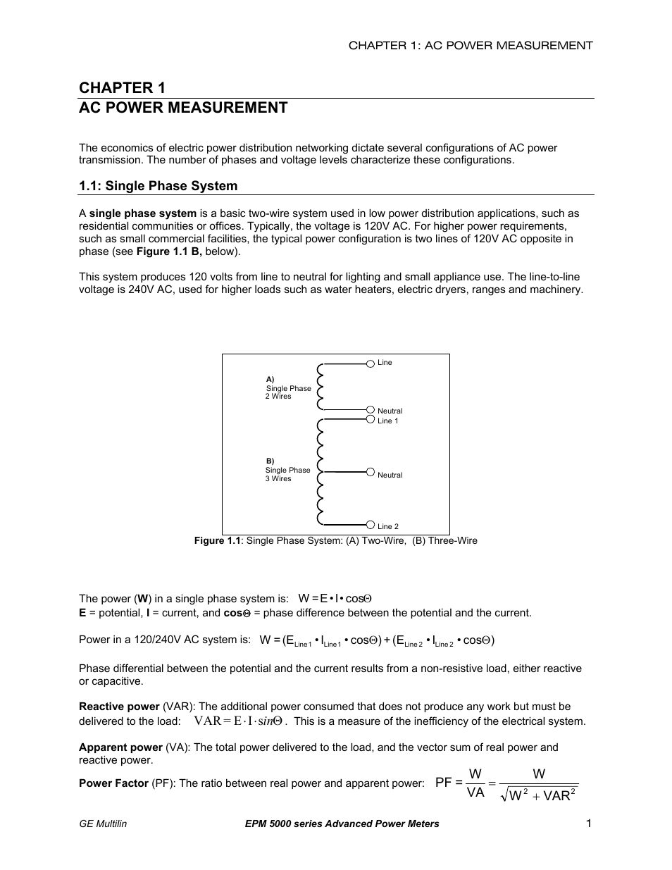 Ac power measurement, Single phase system, Chapter 1 ac power measurement | GE EPM 5200 User Manual | Page 5 / 100