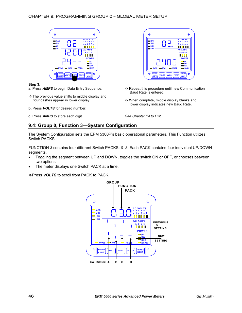 Function 3: system configuration, Group 0, function 3—system configuration, Press volts to scroll from pack to pack | Epm 5000 series advanced power meters ge multilin, Group function pack | GE EPM 5200 User Manual | Page 50 / 100