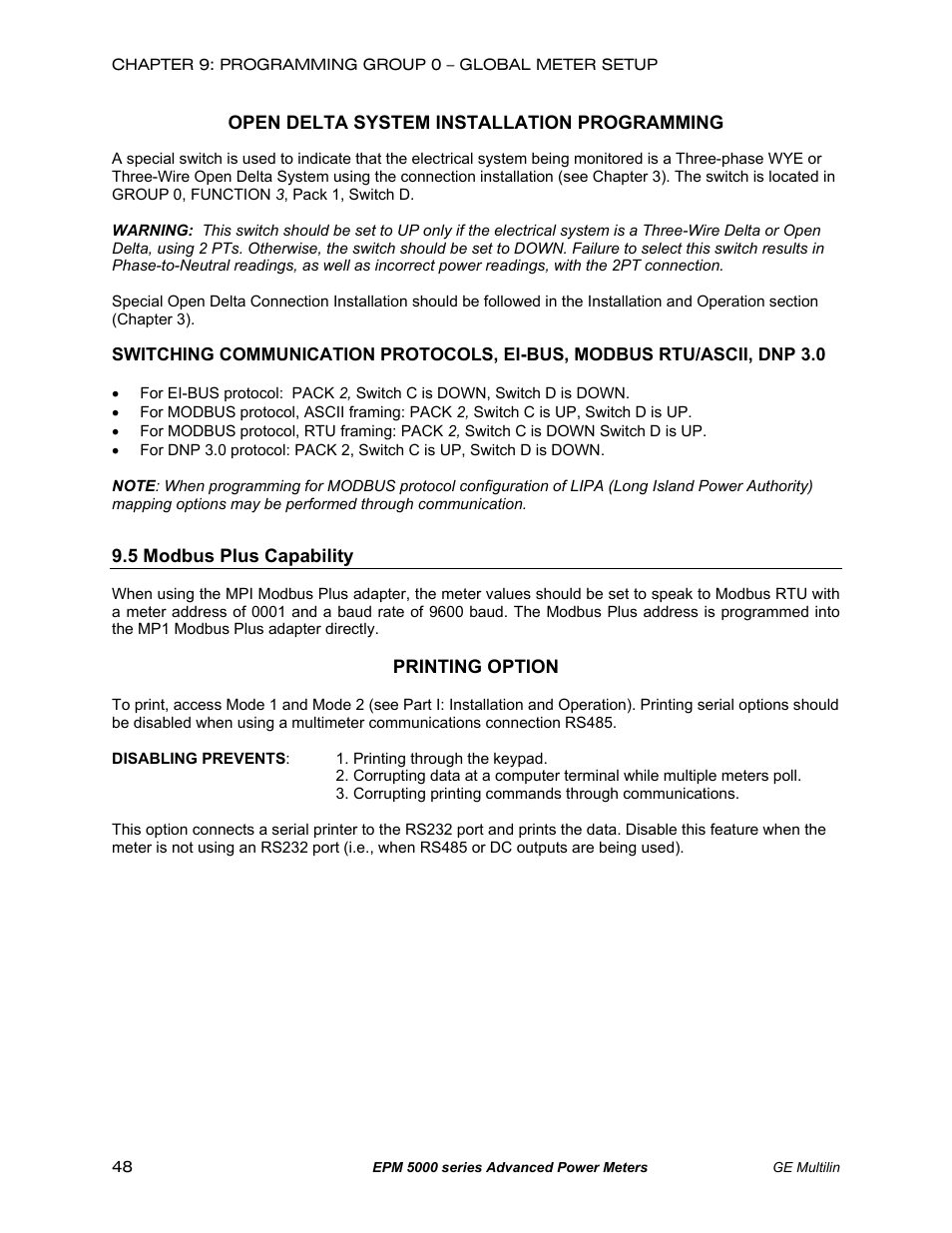 Modbus plus capacity | GE EPM 5200 User Manual | Page 52 / 100