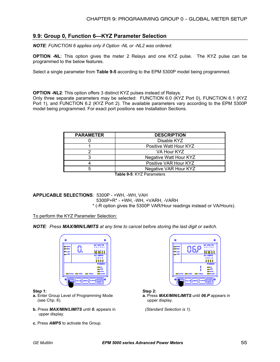 Function 6: kyz parameter selection, Group 0, function 6—kyz parameter selection, Ge multilin epm 5000 series advanced power meters | Table 9-5 : kyz parameters | GE EPM 5200 User Manual | Page 59 / 100