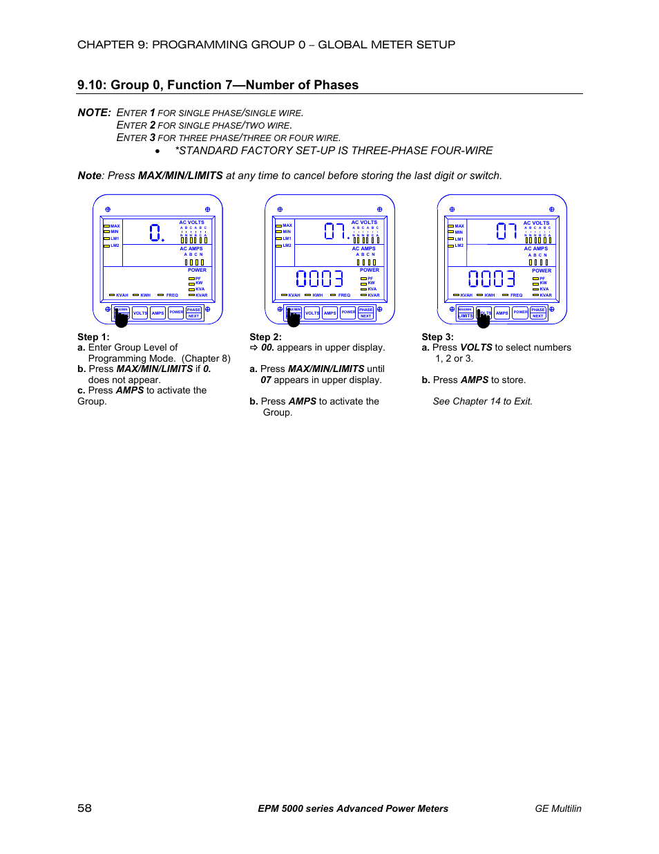 Function 7: number of phases, Group 0, function 7—number of phases, Epm 5000 series advanced power meters ge multilin | Nter, For single phase, Single wire, Two wire, For three phase, Three or four wire | GE EPM 5200 User Manual | Page 62 / 100