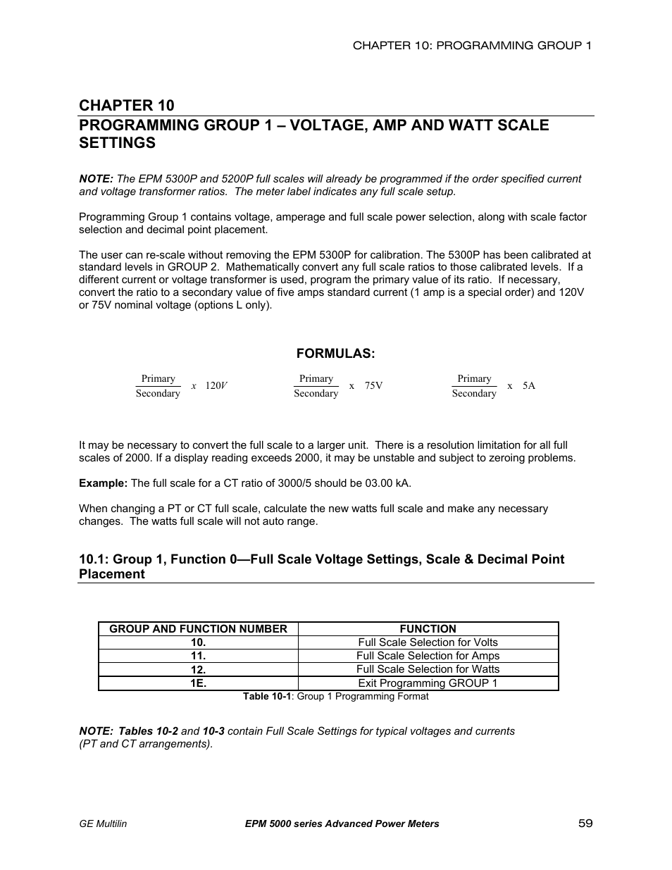 Group 1: voltage, amp, and watt scale settings, Description, Function 0: full scale voltage settings | GE EPM 5200 User Manual | Page 63 / 100