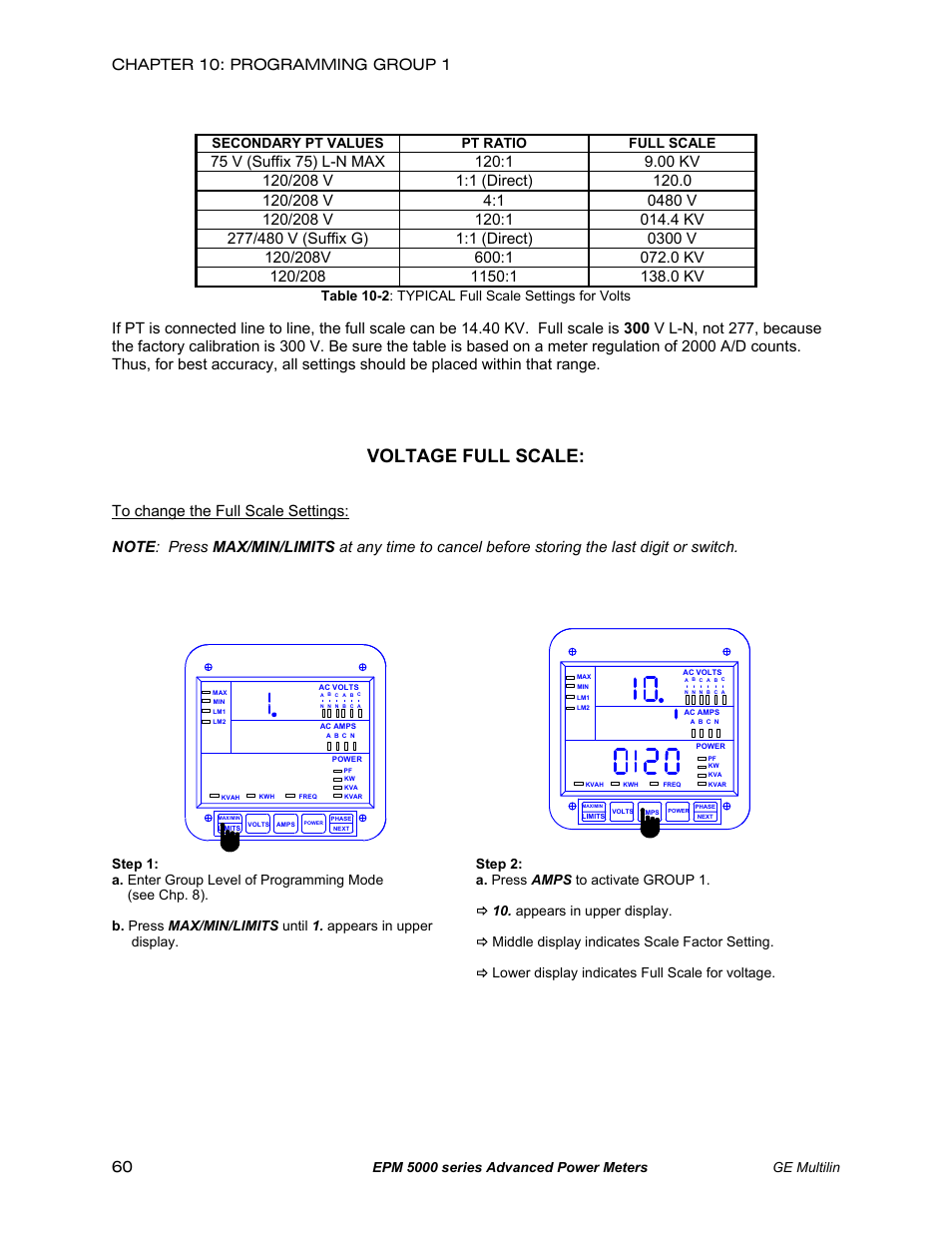 Voltage full scale, Epm 5000 series advanced power meters ge multilin, Secondary pt values pt ratio full scale | Table 10-2 : typical full scale settings for volts | GE EPM 5200 User Manual | Page 64 / 100