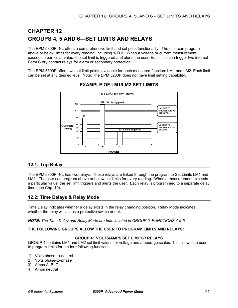 Groups 4 to 6: set limits and relays, Description, Trip relay | Time delays and relay mode, Example of lm1/lm2 set limits, Time delays & relay mode | GE EPM 5200 User Manual | Page 75 / 100