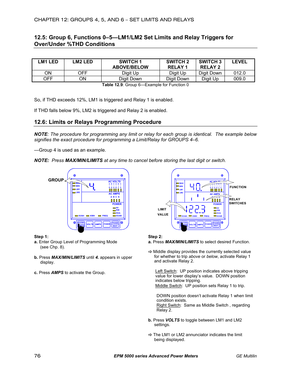Limits or relays programming procedure, Group 4 is used as an example, Epm 5000 series advanced power meters ge multilin | Group | GE EPM 5200 User Manual | Page 80 / 100