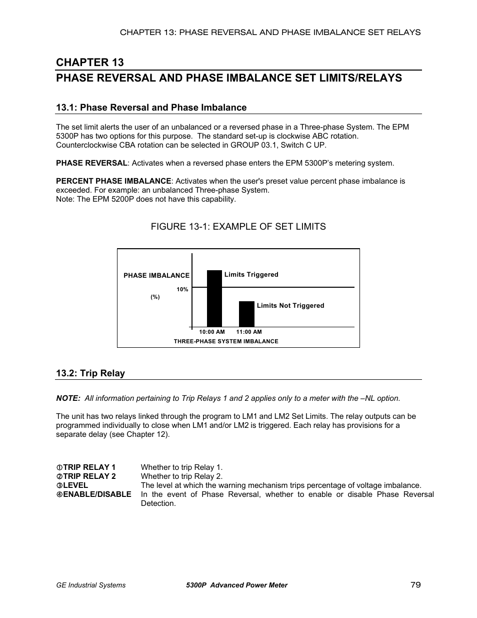 Description, Trip relay, Phase reversal and phase imbalance | Figure 13-1: example of set limits | GE EPM 5200 User Manual | Page 83 / 100