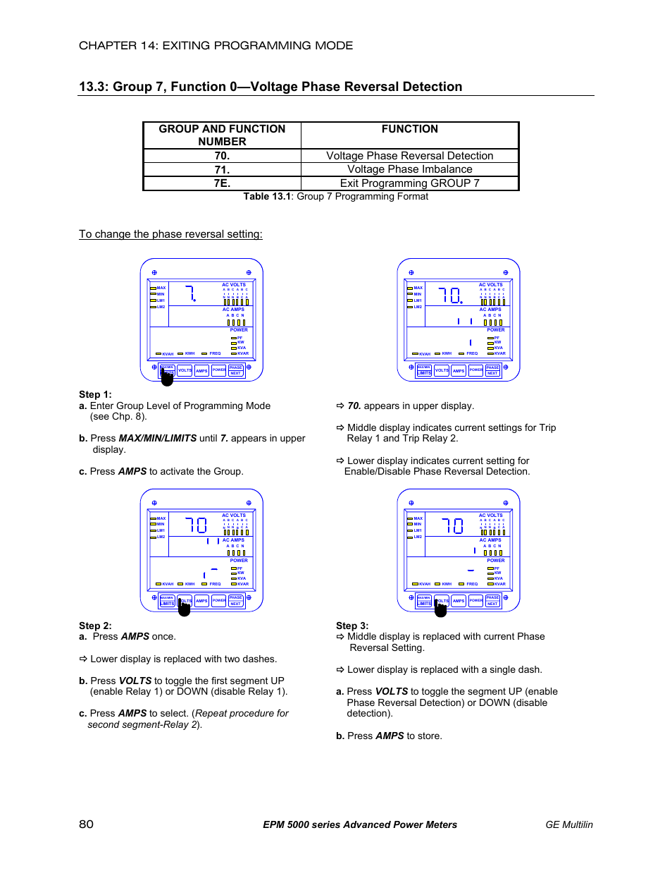 Group 7 function 0: voltage phase reversal, Chapter 14: exiting programming mode 80, Epm 5000 series advanced power meters ge multilin | Table 13.1 : group 7 programming format | GE EPM 5200 User Manual | Page 84 / 100