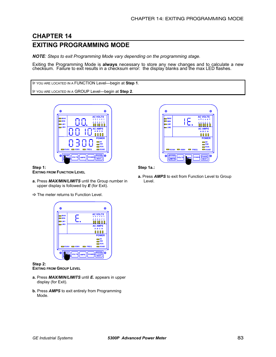 Exiting programming mode, Chapter 14 exiting programming mode, Chapter 14: exiting programming mode | Ge industrial systems 5300p advanced power meter, Function level—begin at step 1, Group level—begin at step 2, Step 1: e, Step 2: e | GE EPM 5200 User Manual | Page 87 / 100