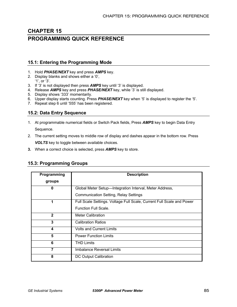 Programming quick reference, Entering programming mode, Data entry sequence | Programming groups, Chapter 15 programming quick reference | GE EPM 5200 User Manual | Page 89 / 100