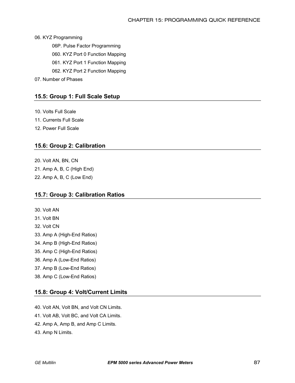 Group 1: full scale setup, Group 2: calibration, Group 3: calibration ratios | Group 4: voltage/current limits | GE EPM 5200 User Manual | Page 91 / 100