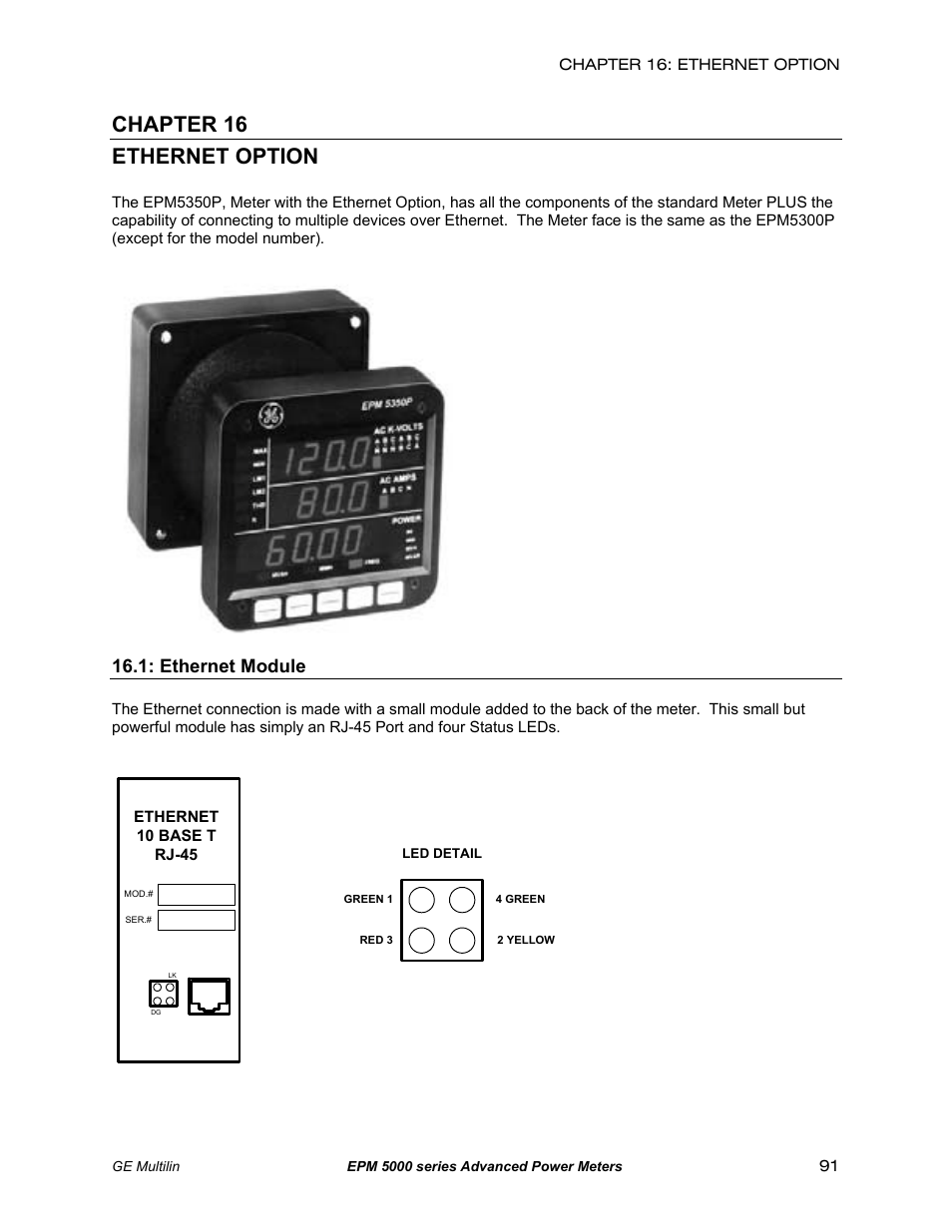 Ethernet option, Ethernet module, Chapter 16 ethernet option | GE EPM 5200 User Manual | Page 95 / 100