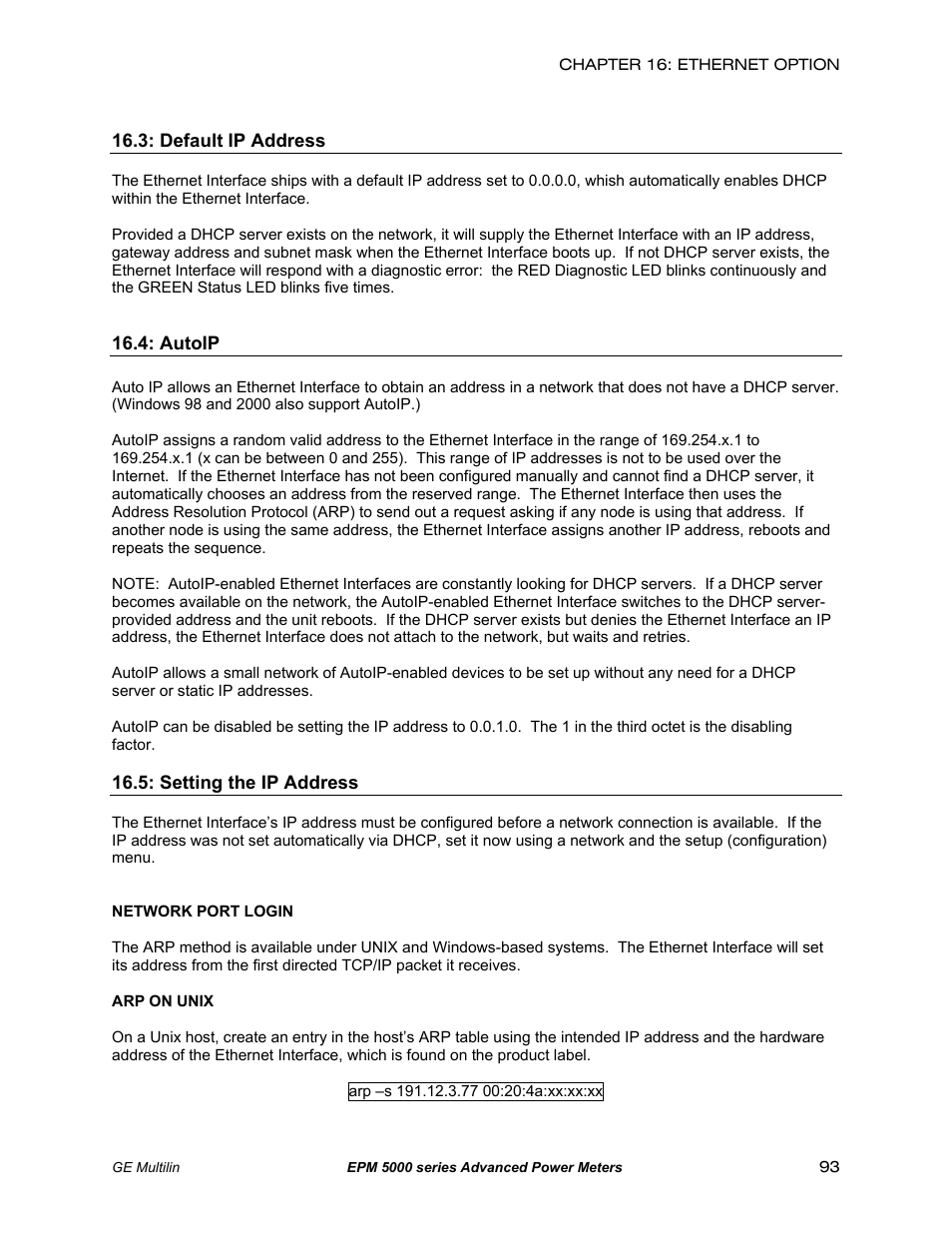 Default ip address, Autoip, Setting the ip address | GE EPM 5200 User Manual | Page 97 / 100