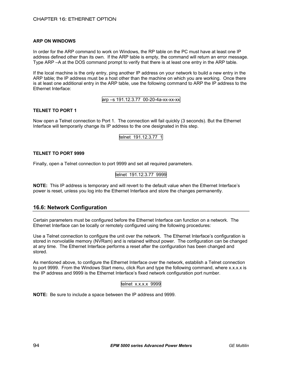 Network configuration | GE EPM 5200 User Manual | Page 98 / 100