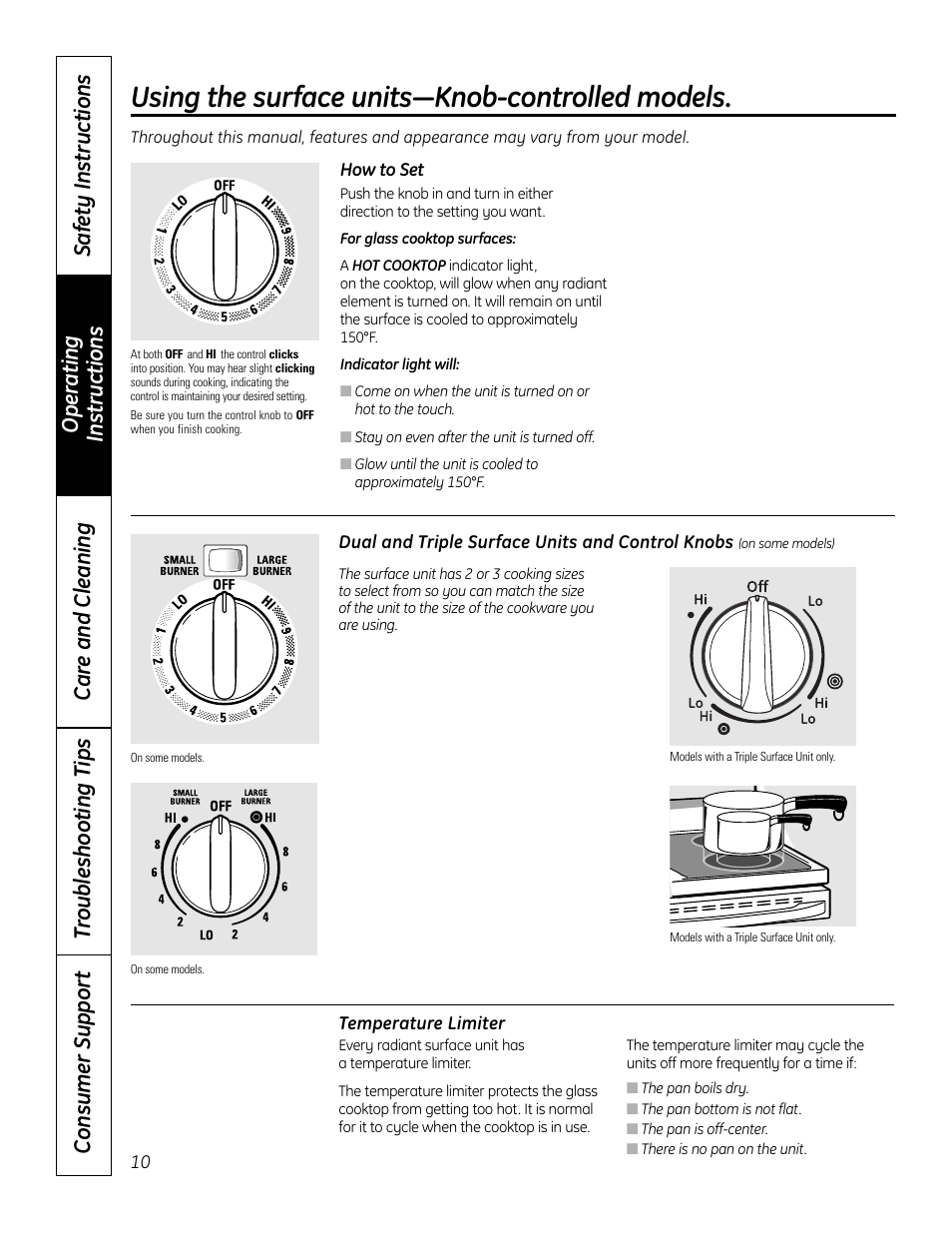 Knob-controlled models, Knob-controlled models , 11, Using the surface units—knob-controlled models | GE 49-80602 User Manual | Page 10 / 104