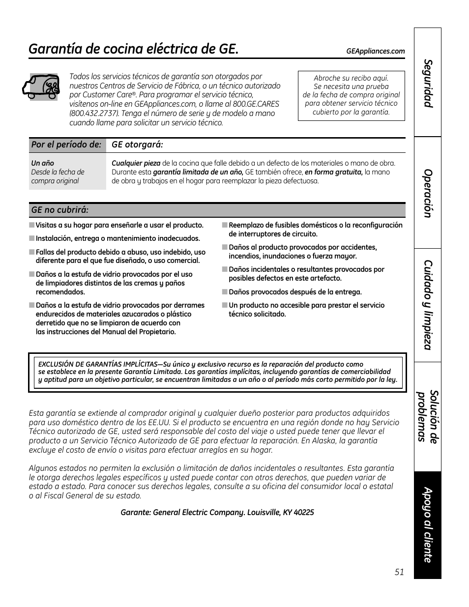 Garantía, Garantía de cocina eléctrica de ge | GE 49-80602 User Manual | Page 103 / 104