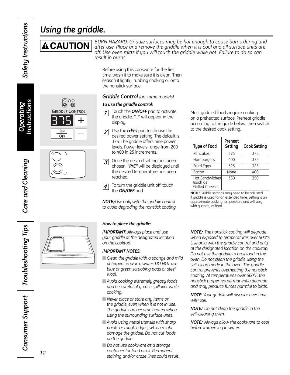 Griddle, Griddle , 13, Using the griddle | Caution | GE 49-80602 User Manual | Page 12 / 104