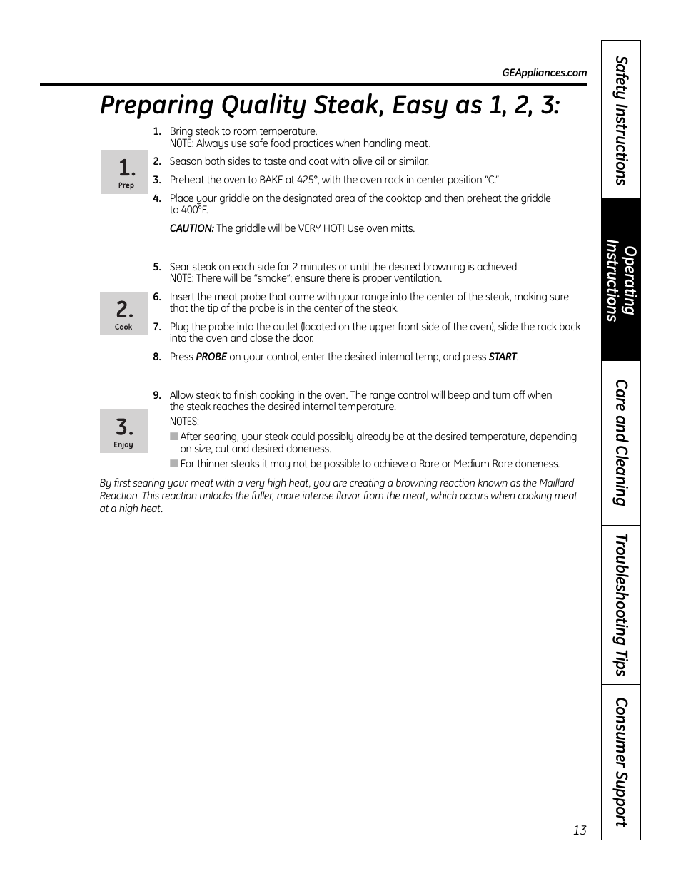 Preparing quality steak, easy as 1, 2, 3 | GE 49-80602 User Manual | Page 13 / 104