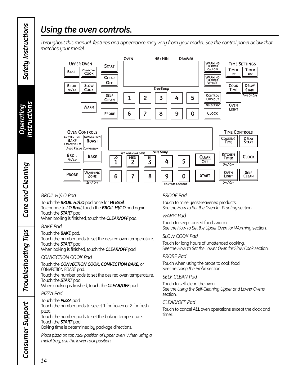 Oven, Controls, Oven –35 | Controls , 15, Using the oven controls | GE 49-80602 User Manual | Page 14 / 104