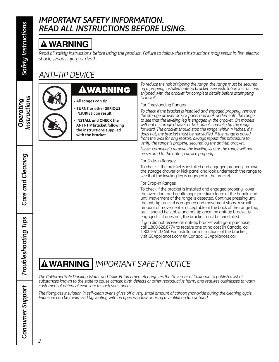 Safety instructions, Important safety notice, Anti-tip device | Warning | GE 49-80602 User Manual | Page 2 / 104