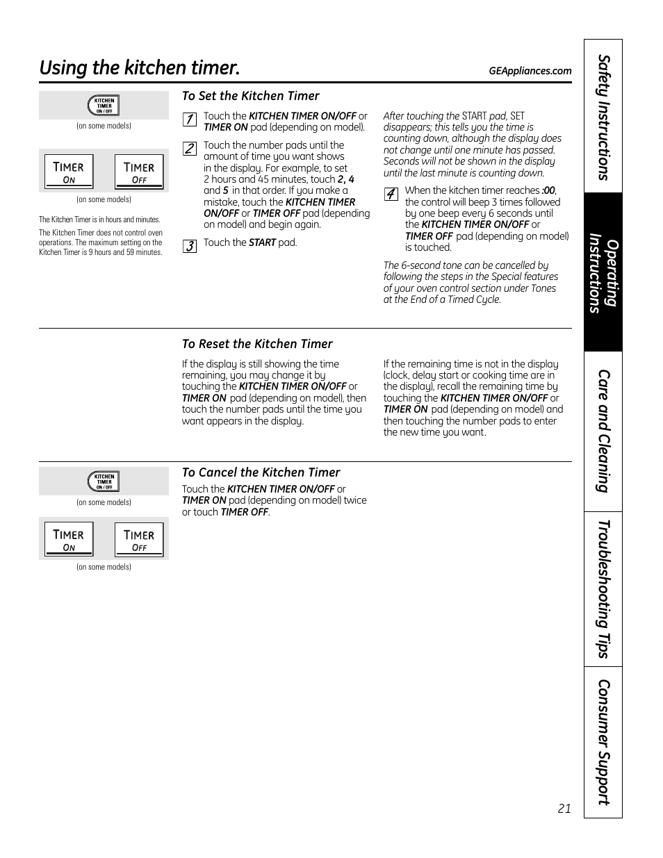 Kitchen timer, Using the kitchen timer | GE 49-80602 User Manual | Page 21 / 104