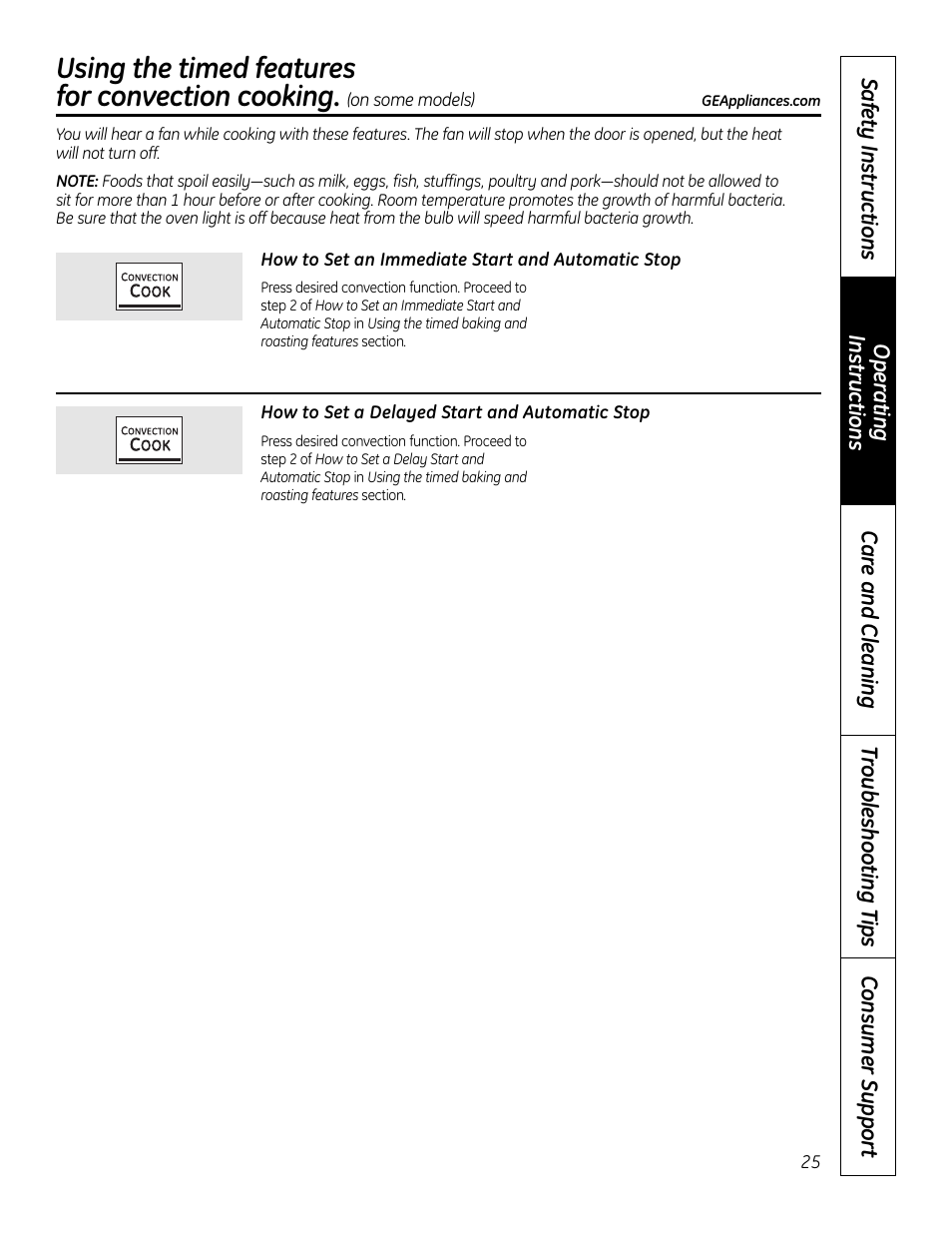 Using the timed features for convection cooking | GE 49-80602 User Manual | Page 25 / 104