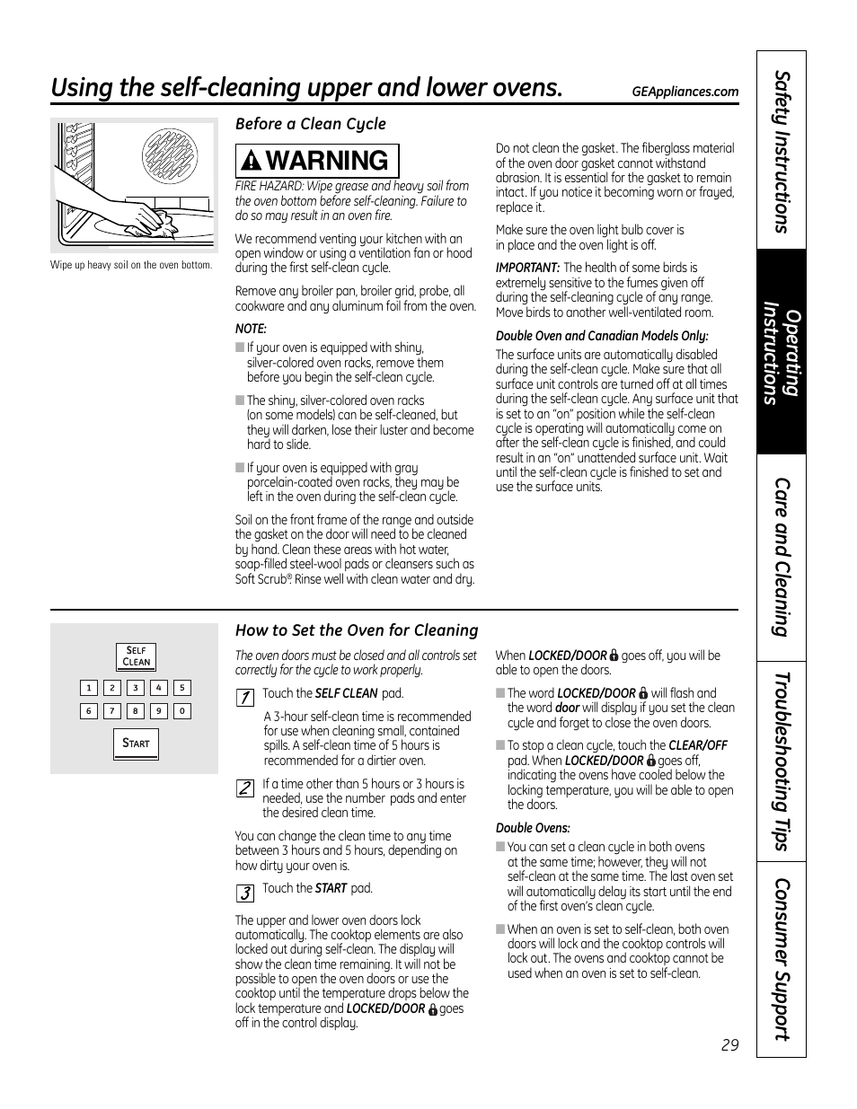 Self-cleaning, Self-cleaning , 30, Using the self-cleaning upper and lower ovens | Warning | GE 49-80602 User Manual | Page 29 / 104