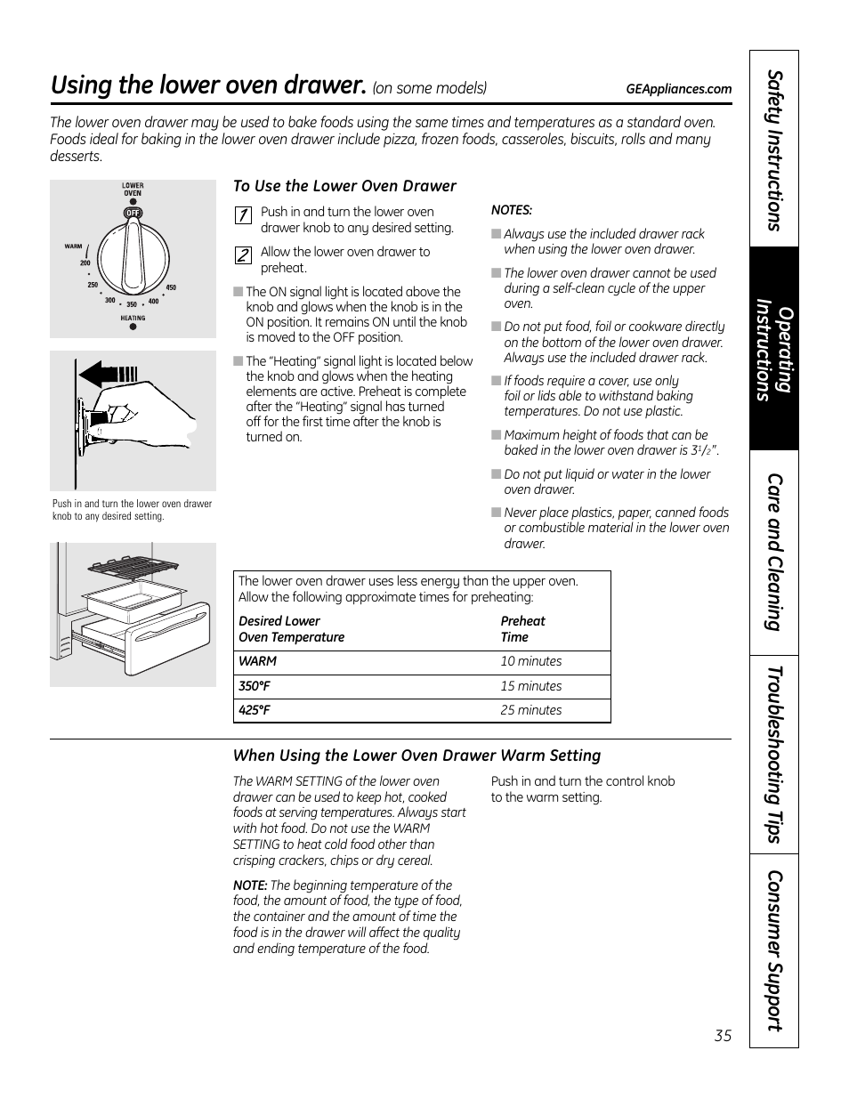 Lower oven drawer, Using the lower oven drawer | GE 49-80602 User Manual | Page 35 / 104