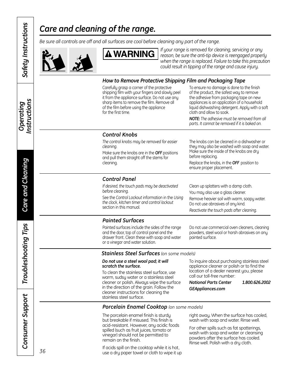 Control knobs, Control panel, Surfaces | Control knobs control panel, Care and cleaning of the range, Warning | GE 49-80602 User Manual | Page 36 / 104