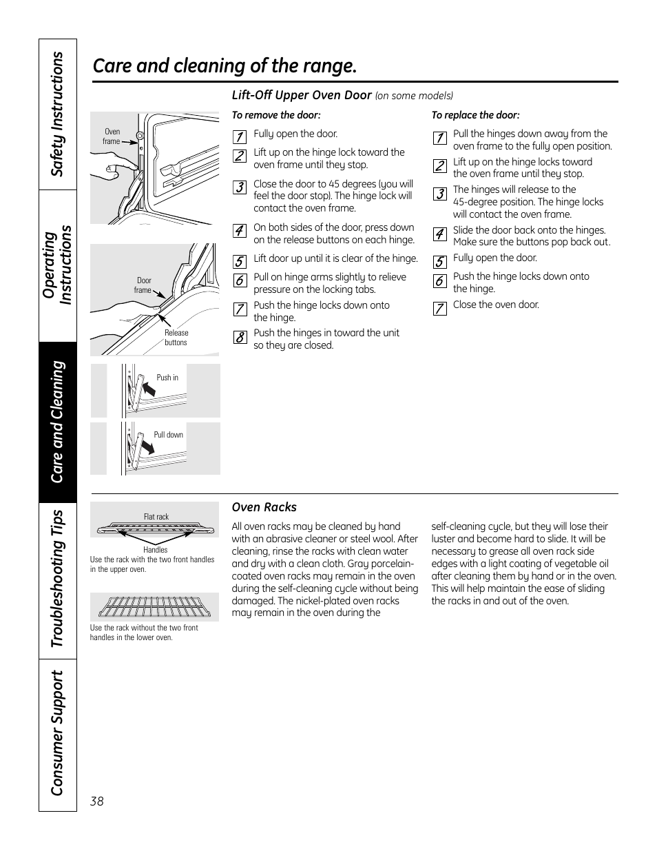 Racks, Care and cleaning of the range | GE 49-80602 User Manual | Page 38 / 104