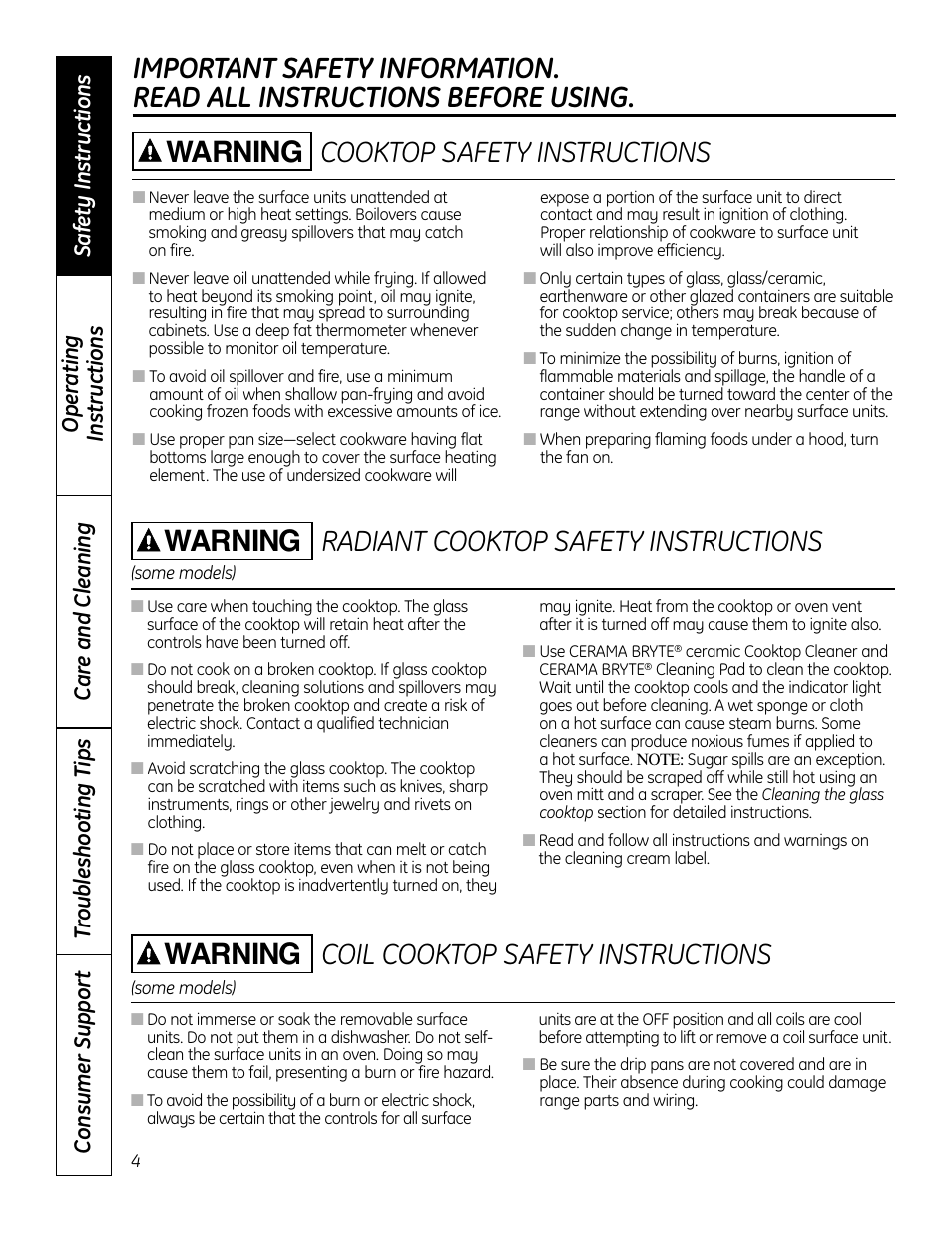 Warning coil cooktop safety instructions, Warning | GE 49-80602 User Manual | Page 4 / 104