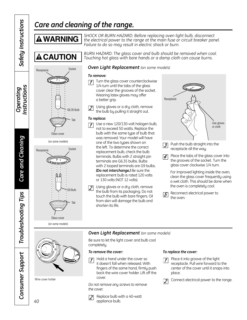 Light, Light , 41, Care and cleaning of the range | Warning, Caution | GE 49-80602 User Manual | Page 40 / 104