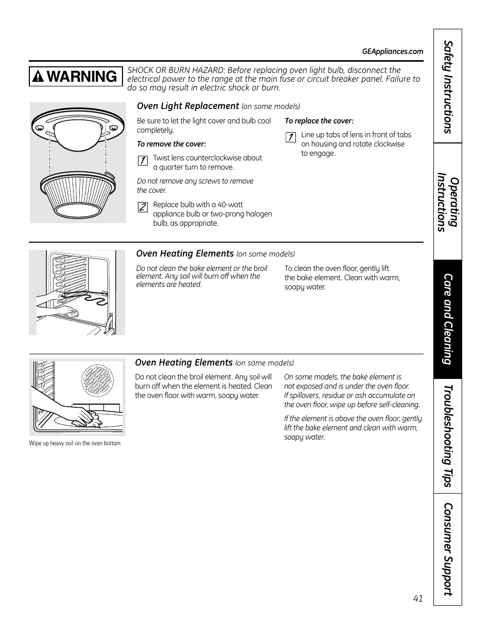 Oven heating elements, Warning | GE 49-80602 User Manual | Page 41 / 104