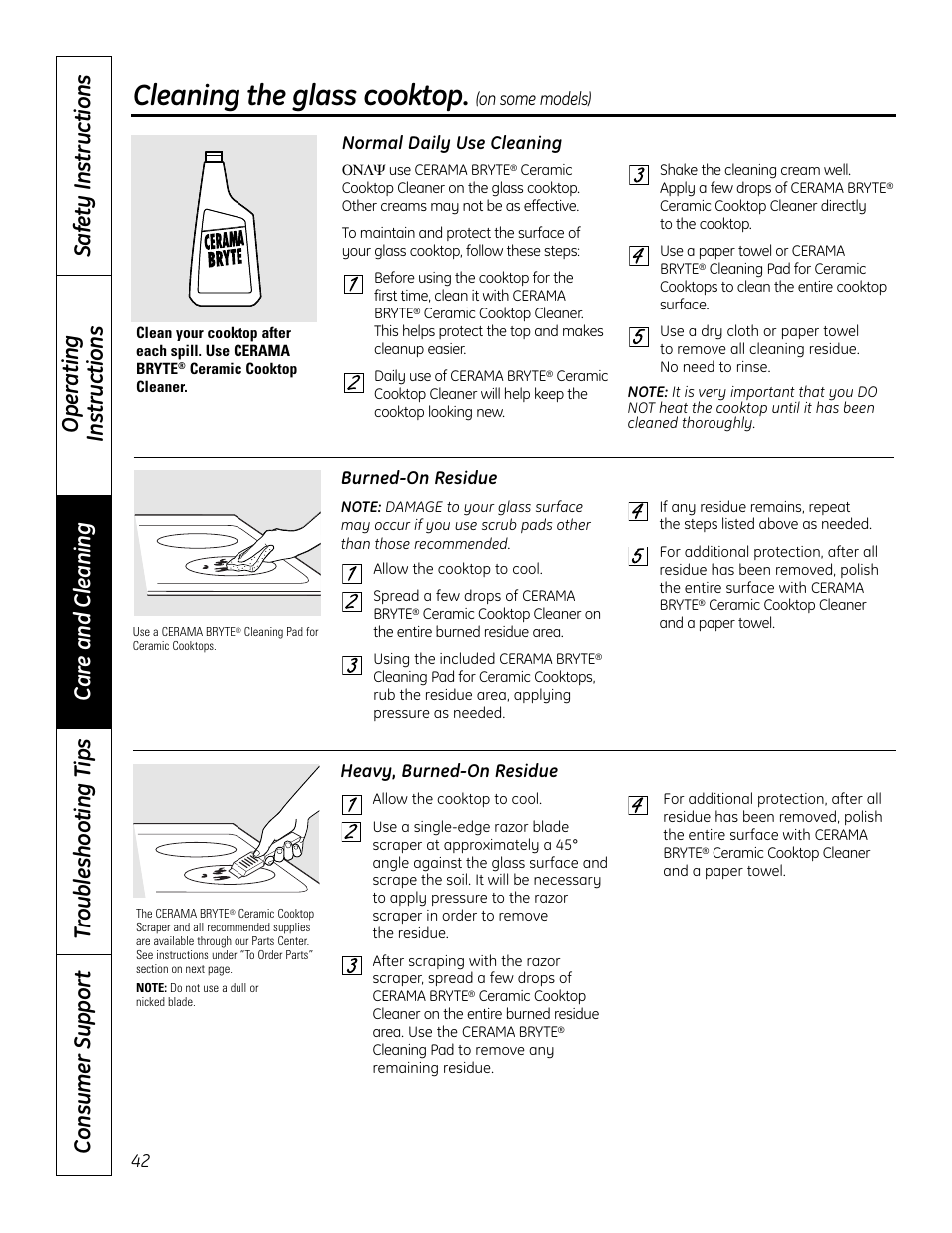 Glass cooktop, Glass cooktop , 43, Cleaning the glass cooktop | GE 49-80602 User Manual | Page 42 / 104