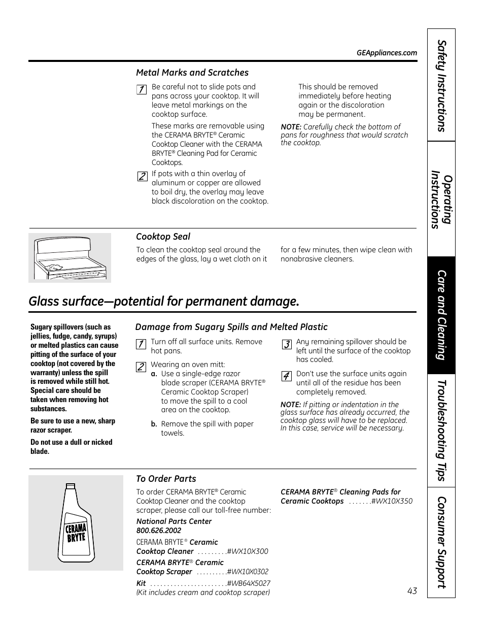 Glass surface—potential for permanent damage | GE 49-80602 User Manual | Page 43 / 104