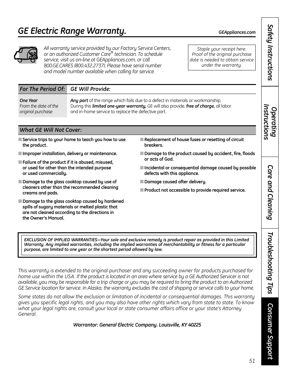 Warranty, Ge electric range warranty | GE 49-80602 User Manual | Page 51 / 104