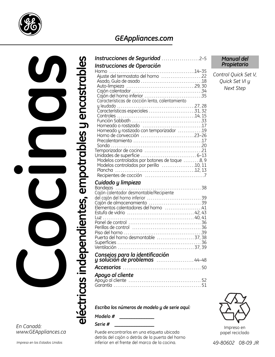 Español, Instrucciones de operación, Cuidado y limpieza | Apoyo al cliente, Co c in a s | GE 49-80602 User Manual | Page 53 / 104