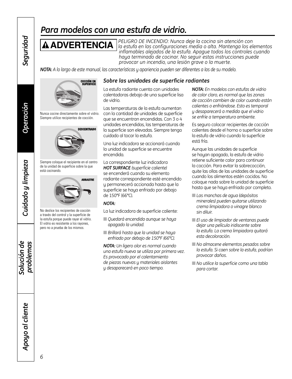 Unidades de superficie, Unidades de superficie –13, Para modelos con una estufa de vidrio | Advertencia | GE 49-80602 User Manual | Page 58 / 104