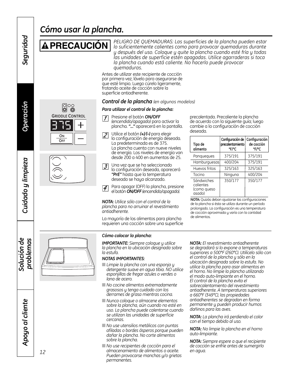 Plancha, Plancha , 13, Cómo usar la plancha | Precaución | GE 49-80602 User Manual | Page 64 / 104